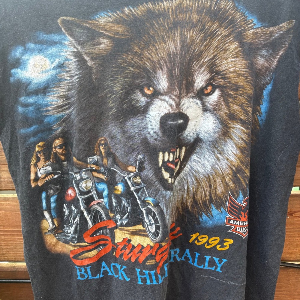 3D emblem American Biker Sturgis 1993 Muscle Tee Mens XL Black Wolf Tank Cut